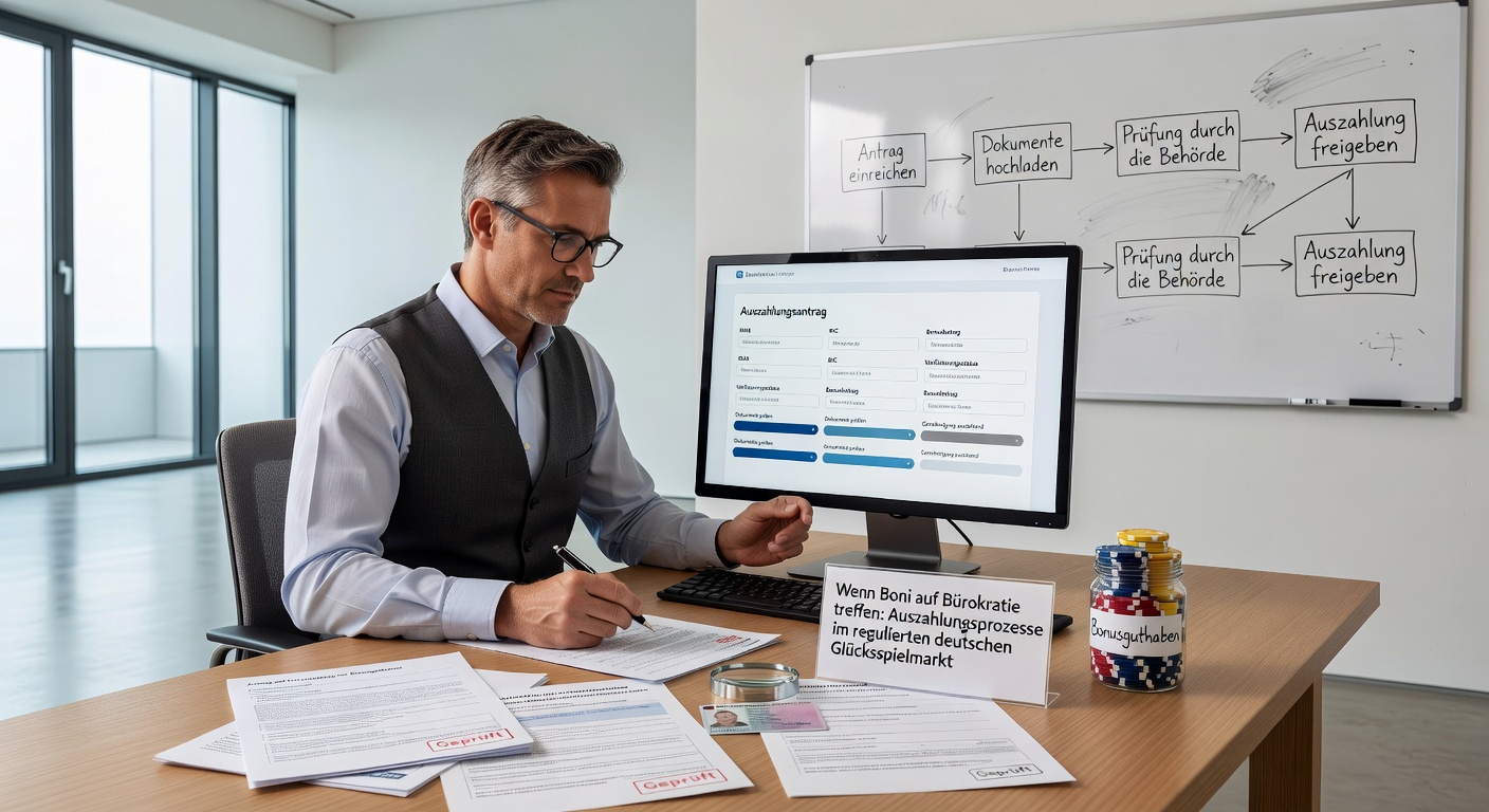 Darstellung eines Auszahlungsprozesses mit Schritten von Verifizierung bis Überweisung